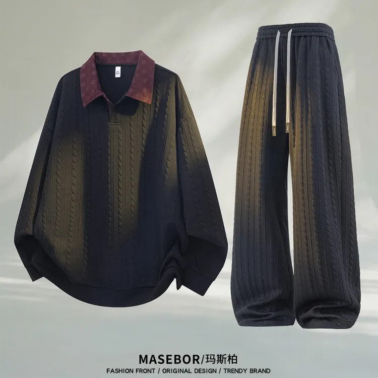 玛斯柏高端纹理感Polo衫男士休闲运动套装秋冬季加绒加厚大码男装