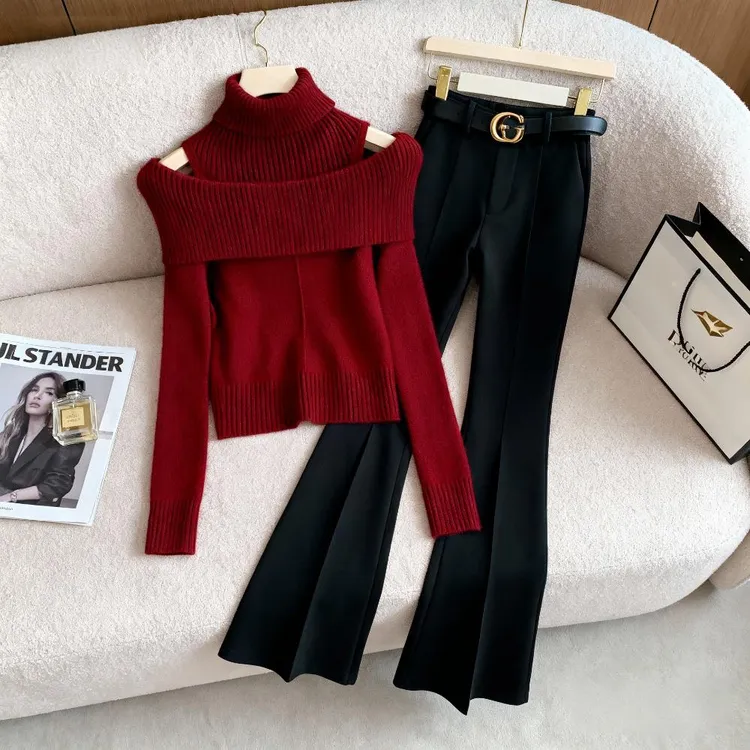 淡系清冷感别致漂亮一整套穿搭冬季新款红色时髦针织衫微喇休闲裤