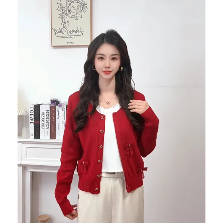 IEF/爱依服2025秋季新款法式甜美淑女气质蝴蝶结通勤毛织外套上衣