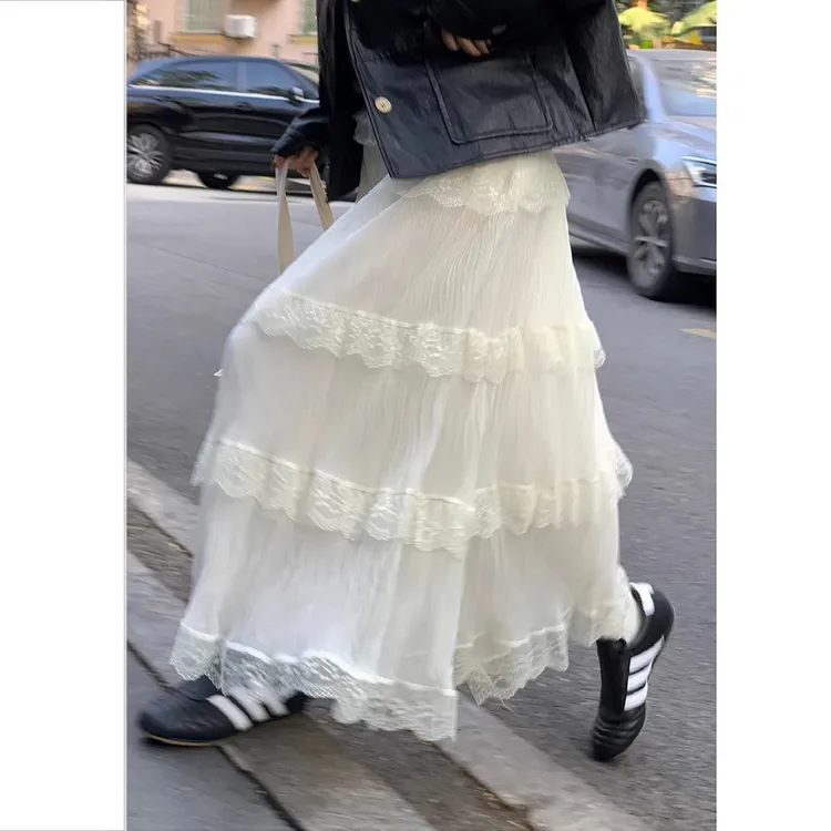 杏色甜美蕾丝网纱仙女蛋糕裙2025早春新款韩系气质百搭半身裙韩系