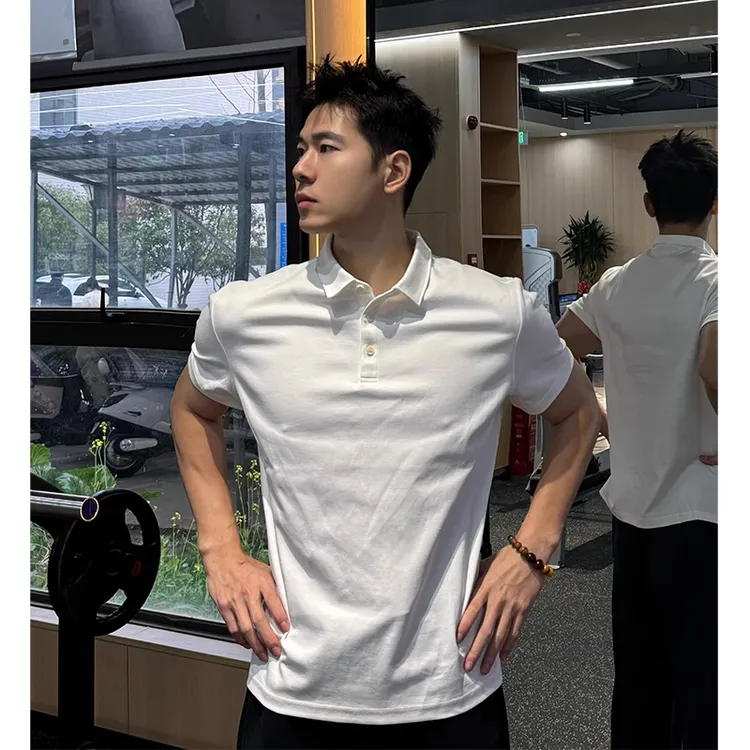 白色收口短袖polo衫男款夏季健身运动半袖修身t恤美式重磅体恤衫