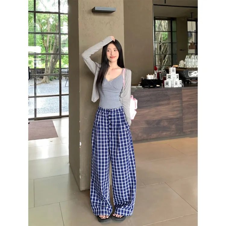 显瘦时尚休闲洋气百搭套装 春季女装灰色防晒开衫吊带背心格子阔