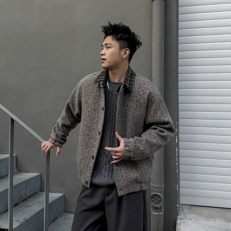 美式轻薄假两件翻领羽绒服男冬季国潮设计感拼接时尚宽松毛呢外套