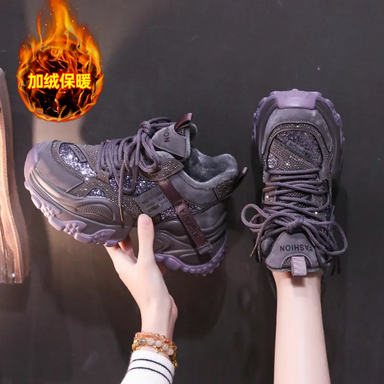  网红时尚亮片老爹鞋冬款加绒2025新款高帮鞋厚底百搭休闲运动鞋
