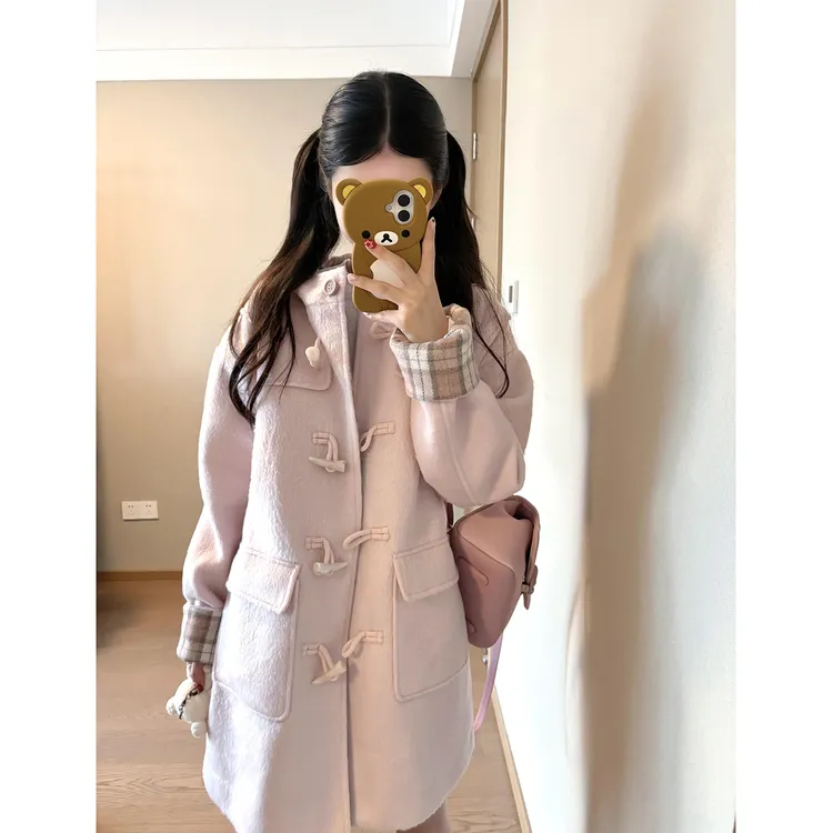 复古气质高级感格纹拼接呢子大衣女2025年秋冬新款牛角扣毛呢外套