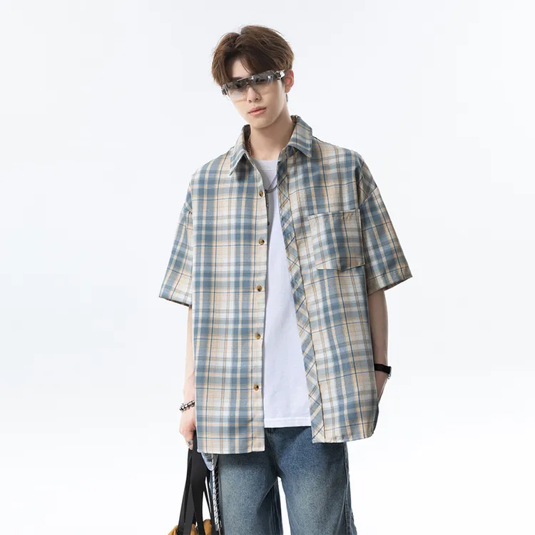格子短袖衬衫男夏季2025新款潮牌美式衬衣宽松青少年防晒半袖外套