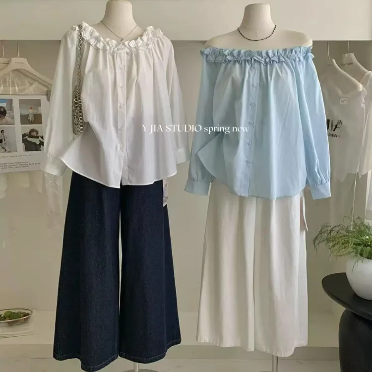 2025早秋韩版十三行新款度假风长袖木耳领一字肩单排扣休闲衬衫女