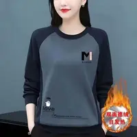 圆领双面德绒高档打底衫拼接印花长袖秋冬新款大码中年妈妈上衣