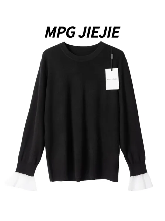 MPG JIEJIE【梦幻女孩】大码早秋拼接正肩针织衫