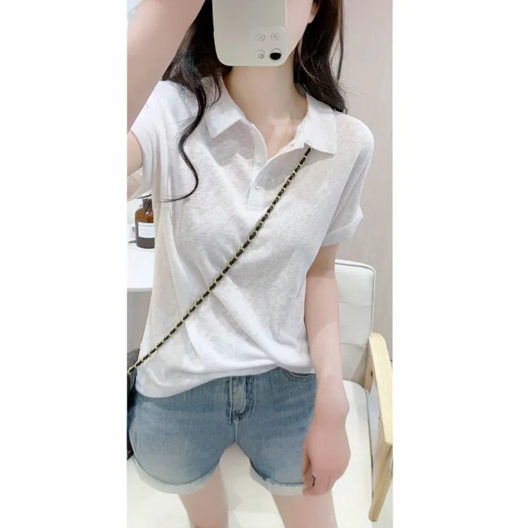 薄款透气白色卷边polo领短袖T恤女夏宽松显瘦薄款雪花棉简约上衣