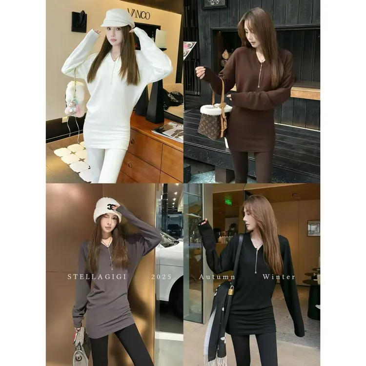 SG / 杨依姗 AW时髦有型 双面磨毛V领中长款T恤裙T-20252490