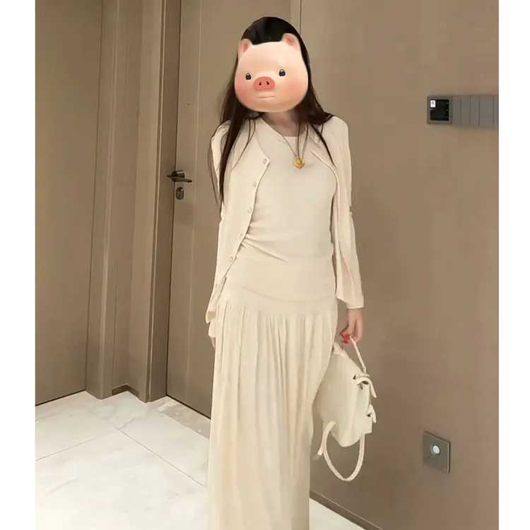 巨好看的韩系早秋ootd穿搭一整套针织开衫背心上衣半身裙三件套装