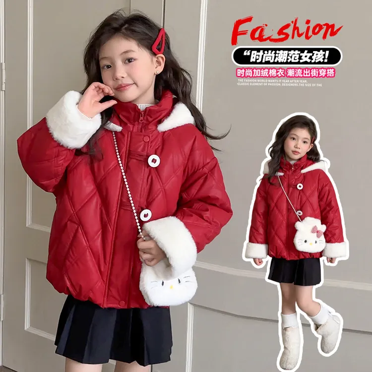 女童拜年服棉衣2025新款加厚皮棉服过年喜庆儿童女中大童冬装外套