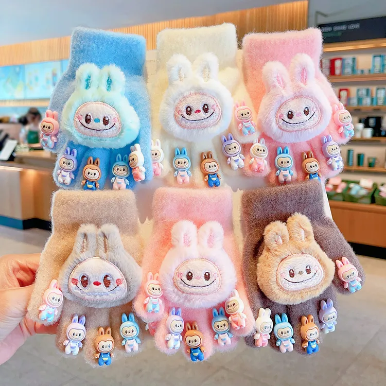 儿童手套拉布布秋冬季保暖男女童针织毛线加绒加厚保暖五指全包