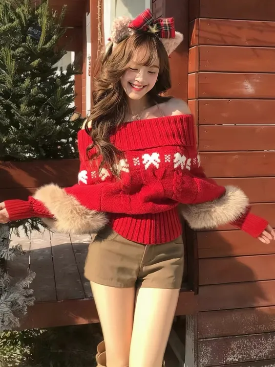 法式圣诞新年红毛衣秋冬季氛围感慵懒休闲显白毛衣一字肩毛领上衣