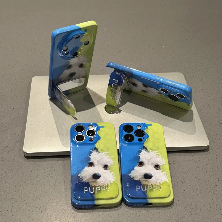 欧克里里毛绒小狗镜面支架适用苹果16手机壳华为P70vivo小米oppo