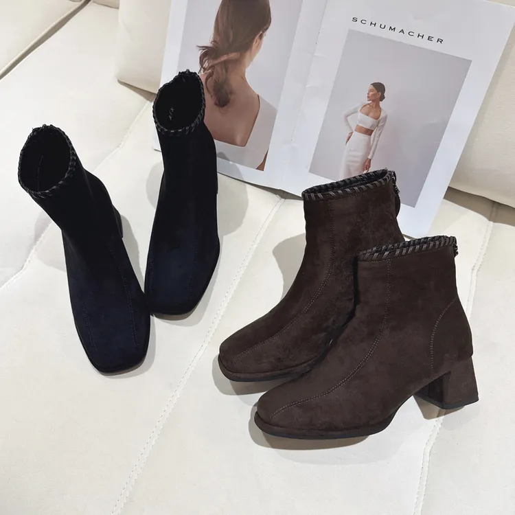 豆豆1【编织短靴】冬款新款磨砂皮粗跟时尚方头加绒单靴女-707-