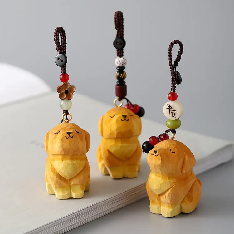 创意手工木雕金毛狗子钥匙扣汽车书包包挂件送女朋友生日礼物挂饰