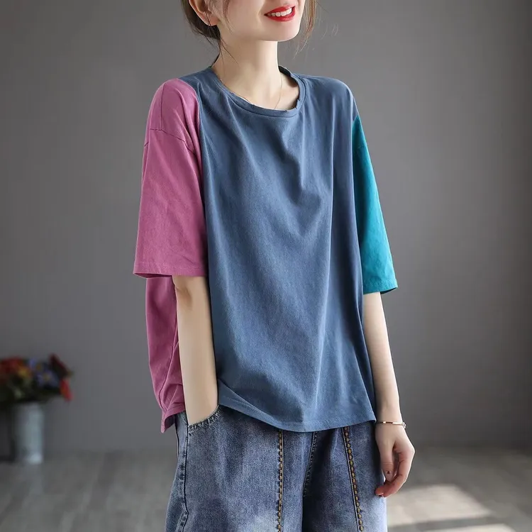 欧货撞色拼接短袖t恤女2025夏季新款时尚百搭显瘦圆领印花上衣潮