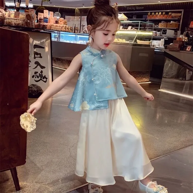 女童夏季新款套装新中式花朵上衣女宝宝宽松阔腿裤中国风两件套