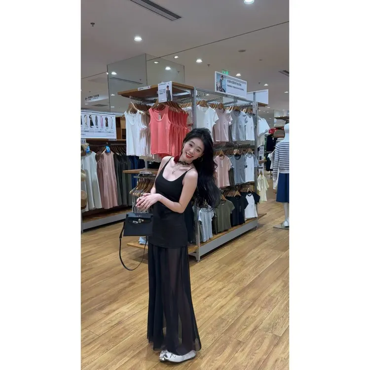 【6-8运补】淡人收腰长裙仙女裙清冷艺术拼接网纱新疆棉针织吊带裙