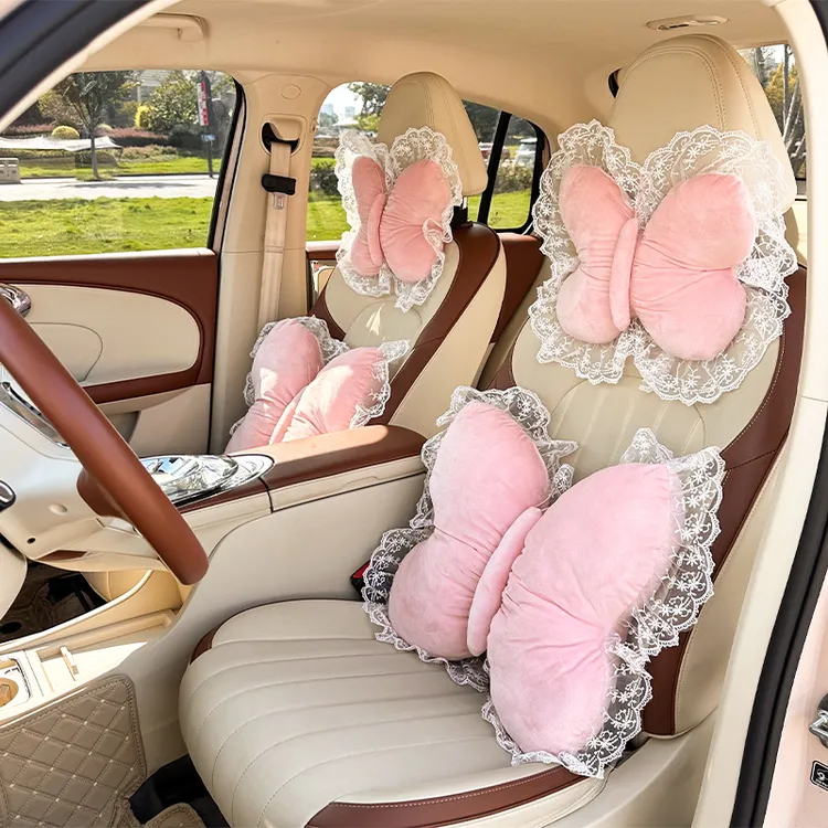 创意蝴蝶结汽车头枕腰靠跨境新品车载靠枕护颈枕毛绒车用护腰靠垫