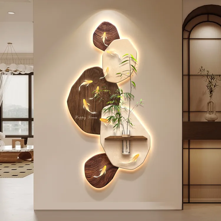 中古风九鱼图玄关装饰画入户正对门走廊过道挂画客厅造景墙壁画