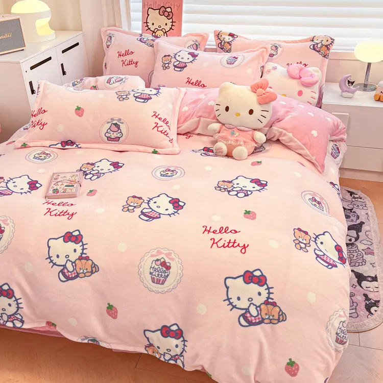 冬季hellokitty牛奶绒被套三件套加绒儿童加厚法兰珊瑚绒四件套