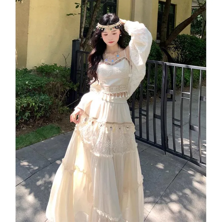 波西米亚风流苏吊带短上衣套装裙高级感仙女气质抹胸半身裙两件套