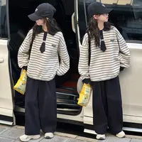 女童秋装新款条纹领带卫衣两件套中大童学院风女孩时尚休闲套装潮