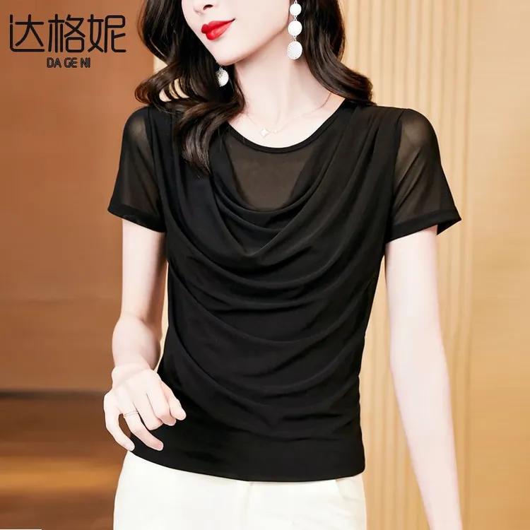 黑色网纱短袖T恤女夏季2025新款洋气时髦小衫内搭打底衫蕾丝上衣N