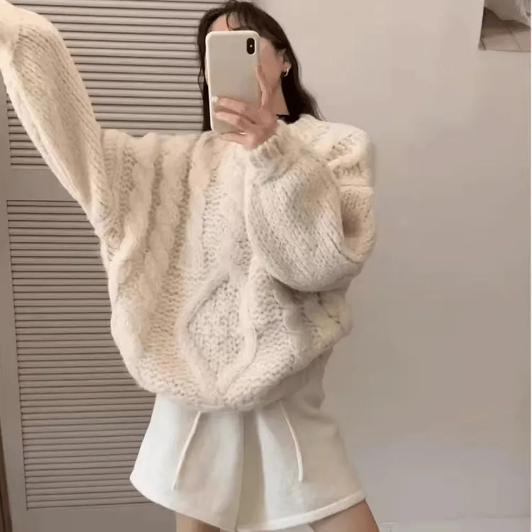2025年秋冬麻花慵懒套头保暖毛衣女冬季新款加厚上衣