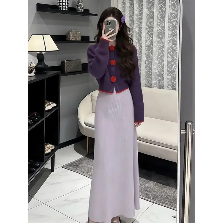 过新年穿搭一整套紫色毛衣连衣裙子两件套冬季温柔小香风长裙套装