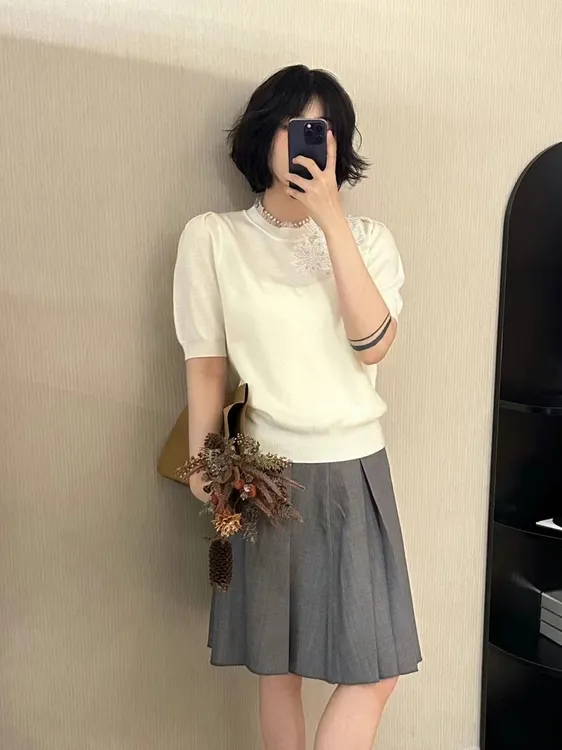 2025春夏季韩版针织衫女时尚百搭宽松针织短袖圆领套头气质针织衫