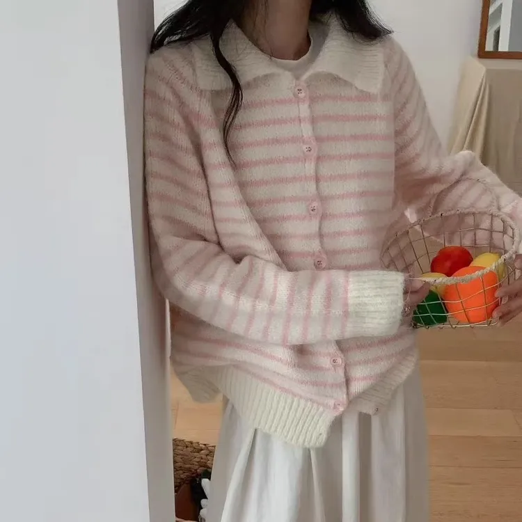 【所见即所得】温温柔柔韩系女装复古条纹POLO领针织衫秋冬宽松百搭