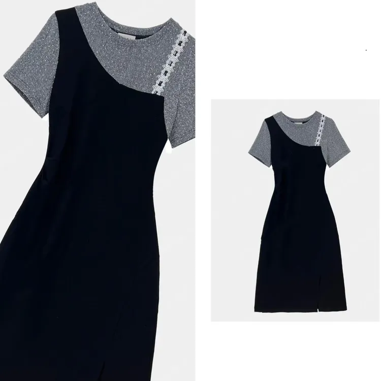 【原创设计】新款时尚拼接格子刺绣小猫图案显瘦连衣裙