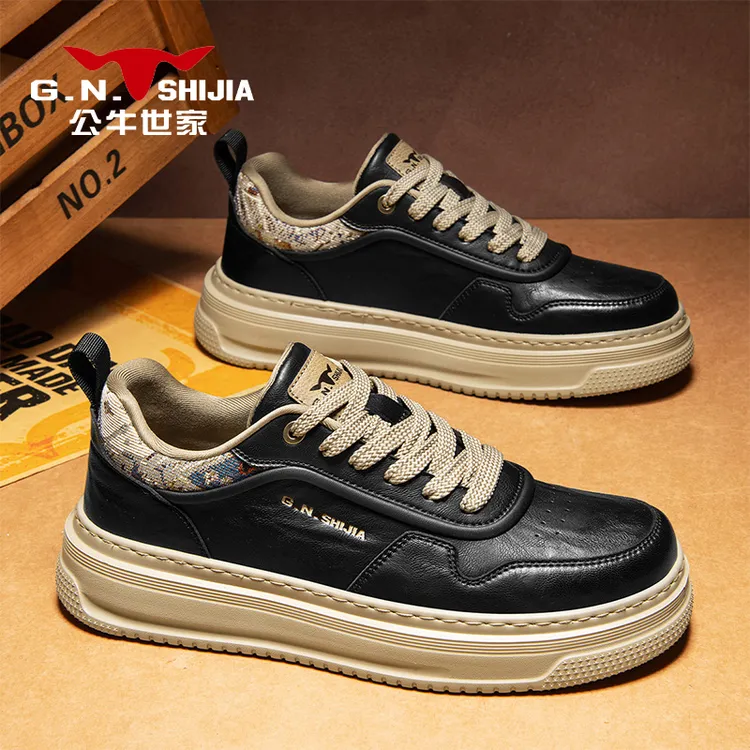 公牛世家秋冬板鞋男士休闲皮鞋厚底增高男鞋潮流百搭学院风休闲鞋商品图