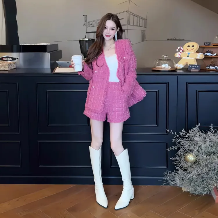 高级感时尚名媛套装女秋冬新款小香风气质短外套+阔腿短款两件套