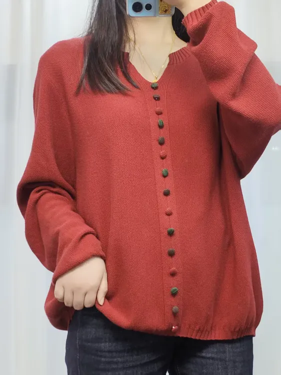 中老年新款春装V领套头宽松针织衫洋气彩色纽扣春秋薄款毛衣上衣