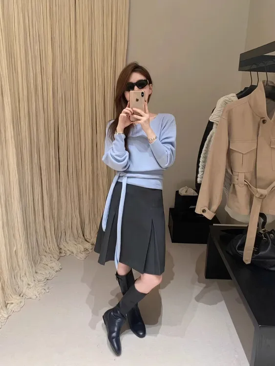 韩版时尚套装温柔风系带收腰长袖针织衫毛衣女装秋季半身裙两件套