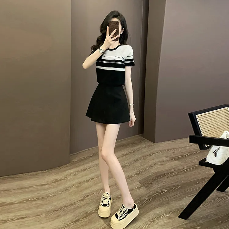 条纹针织t恤女显瘦短袖上衣小个子百褶裙短裙a字裙高腰半身裙子