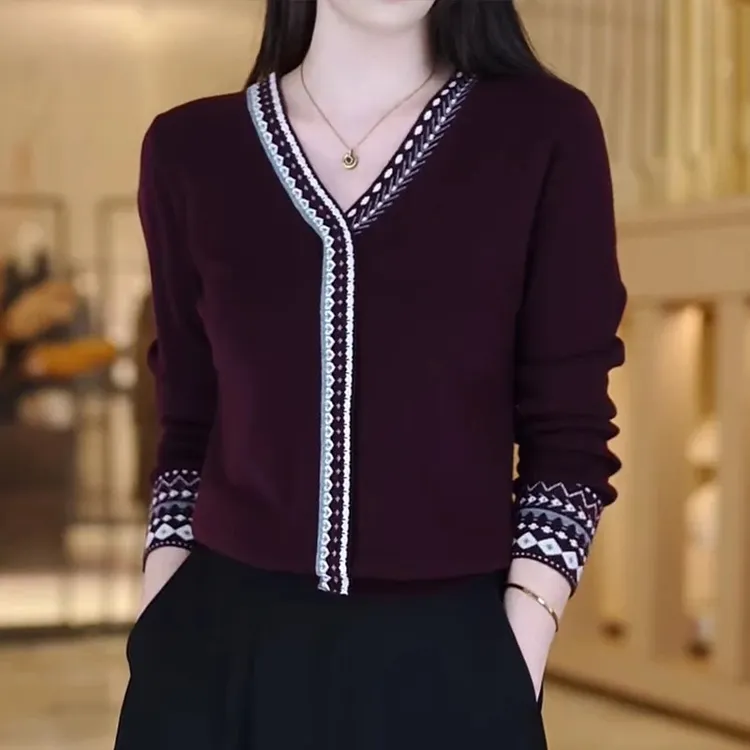 高端时尚V领提花针织衫女装秋冬新款宽松显瘦减龄百搭打底衫上衣