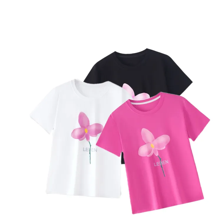 【娇漫姿】夏款桑蚕丝宽松时尚休闲运动百搭花朵印花圆领半袖上衣