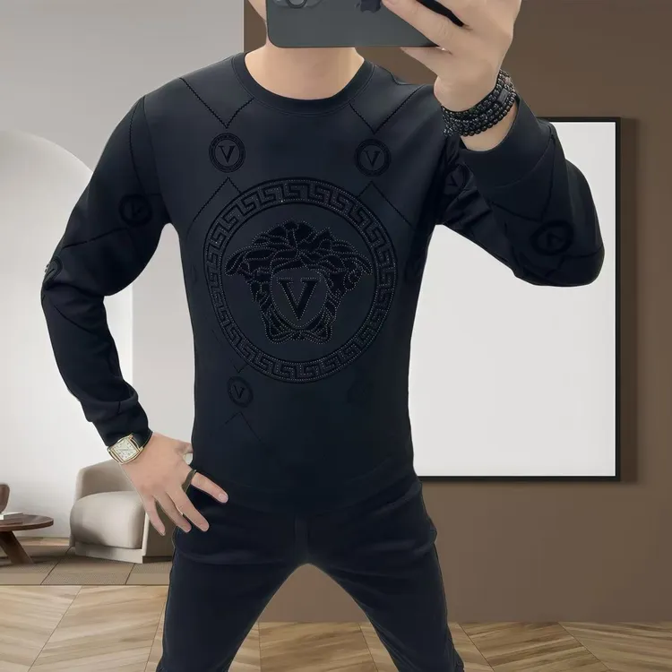 男士新款时尚休闲潮流植绒圆领重工套头长袖加绒卫衣9289