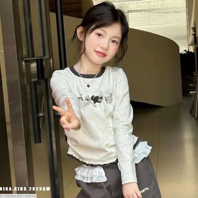 （现货）韩版春秋女童上衣卡通动漫蝴蝶结印花圆领亲子装常规款花边商品图