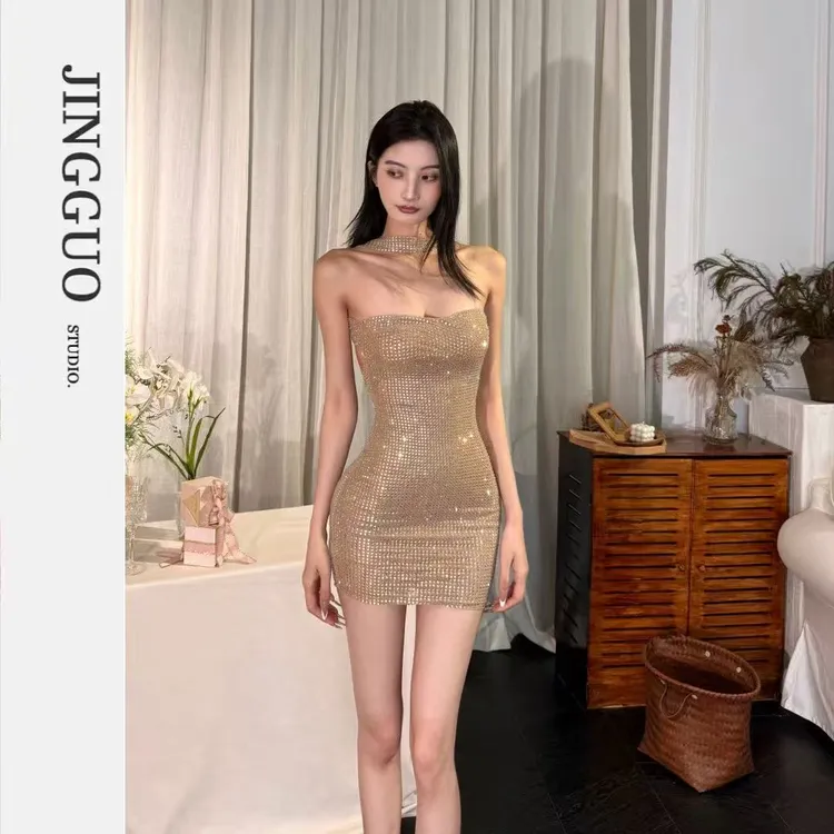 【JINGGUO轻奢】小众法式烫钻露背连衣裙高端挂脖宴会7284