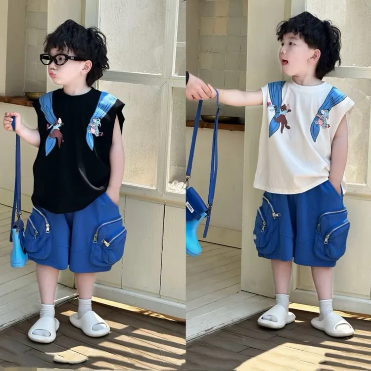 男童夏装套装运动2025新款夏季洋气男孩儿童印花无袖背心两件套潮