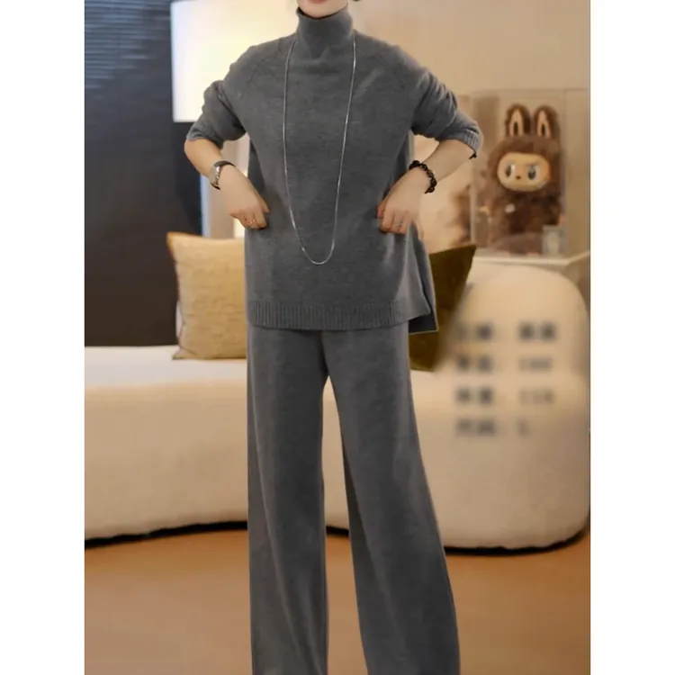 韩系休闲显瘦针织裤套装女2026春季新款保暖高领百搭上衣+直筒裤