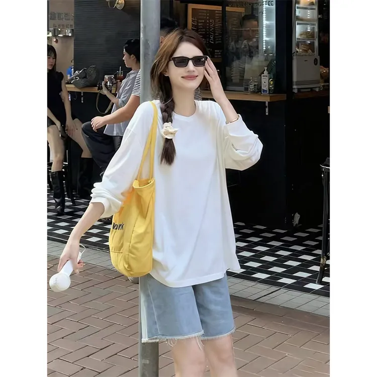 休闲纯棉女长袖T恤2025新款上衣秋季宽松显瘦百搭基础款纯色长袖