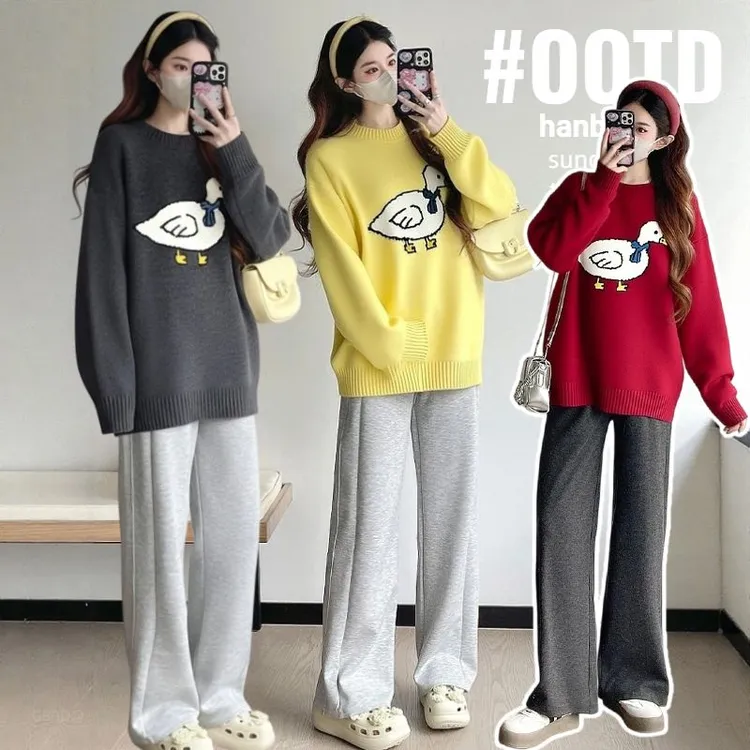 孕妇冬季韩版卡通小鸭可爱慵懒风宽松厚实针织上衣高腰阔脚裤套装